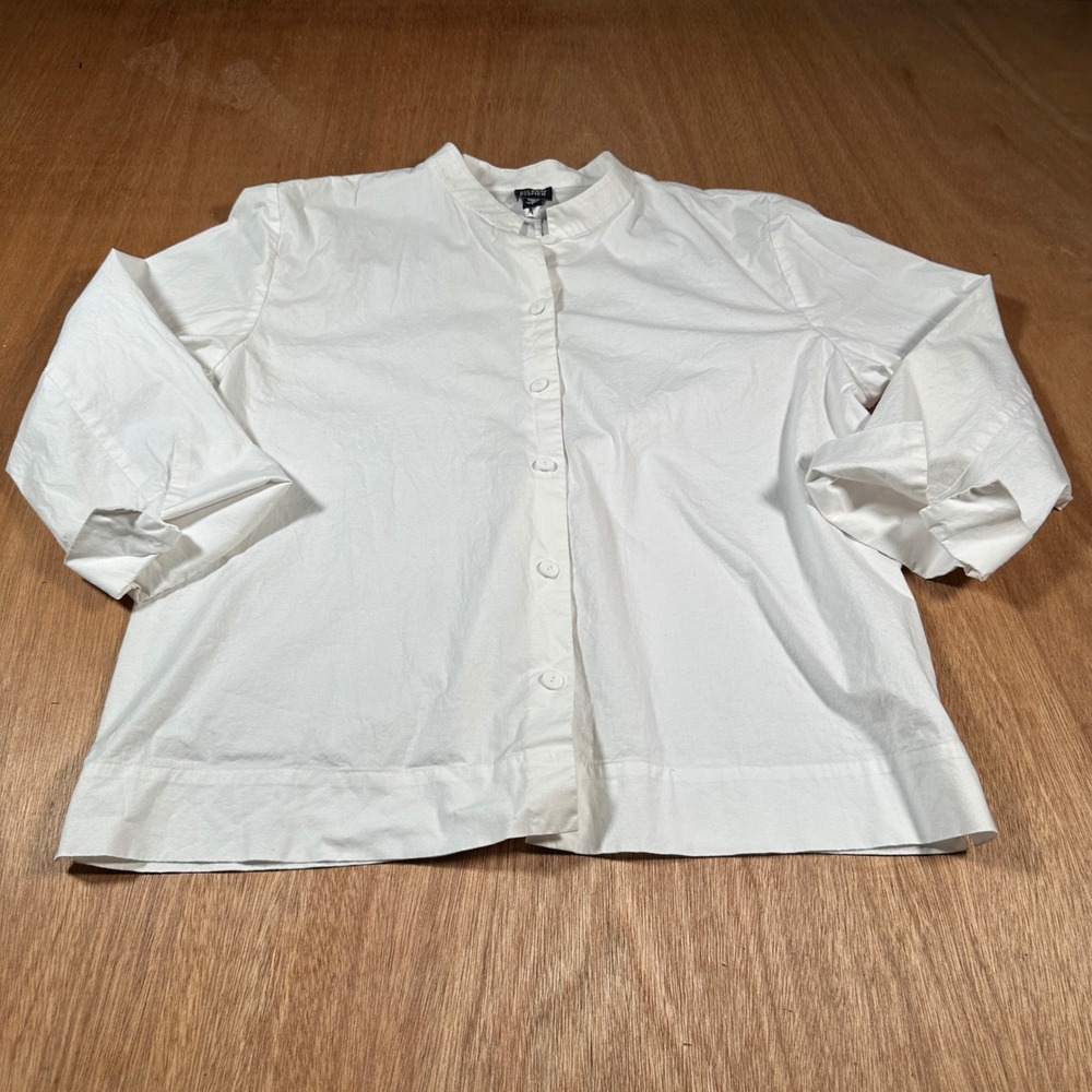 Eileen Fisher Button Up Shirt Women L White Mandarin Collar 3/4 Sleeve Stretch